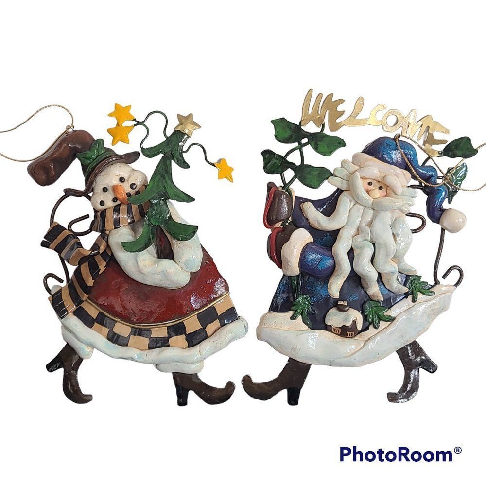 Large Metal & Clay Santa Claus & Snowman Winter Christmas Holiday Ornaments VTG